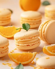 Cover with a dessert, macaroons. Dessert for mother's day or birthday. Sweet orange macaroons with tangerine flavor. Sweet treat concept. On a beautiful background tangerine slices and leaves. 
