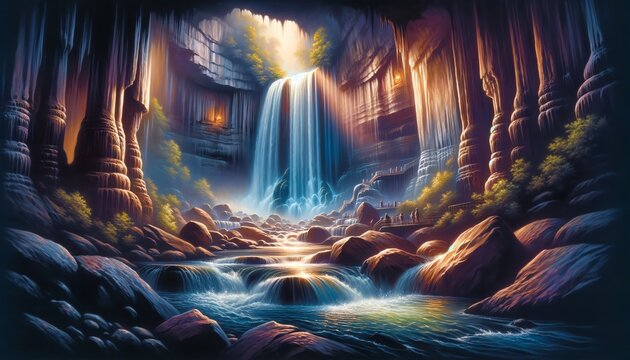 Oil Painting Landscape of Ruby Falls in Tennessee