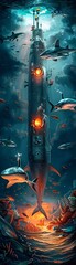 Animator imagines sharks around a submarine, aloo gobi shared with a police officer, macro, underwater lights