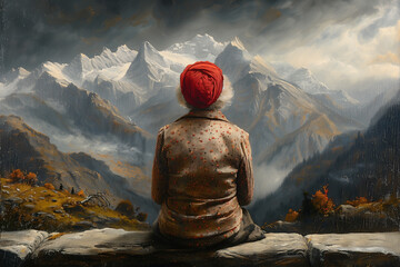 A painting of an elderly woman in a red hat sitting on a rock, facing a majestic mountain range