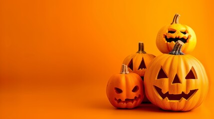 Halloween background. Halloween pumpkins on orange background. Copy space