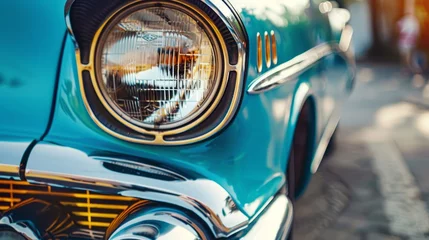 Foto auf Alu-Dibond Headlight of a retro car close-up. Fragment of a vintage car. Front detail of a classic automobile © vannet