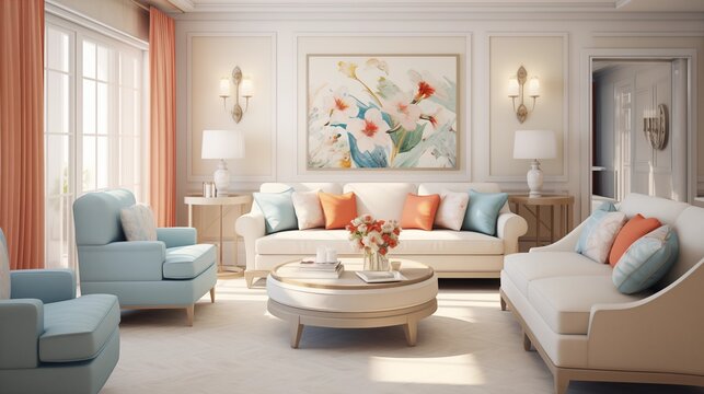 Cream Walls with Coral and Soft Blue Accents in the TV Lounge.