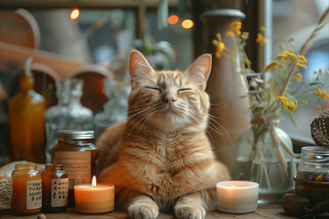 A cat relaxing next to candles on a table