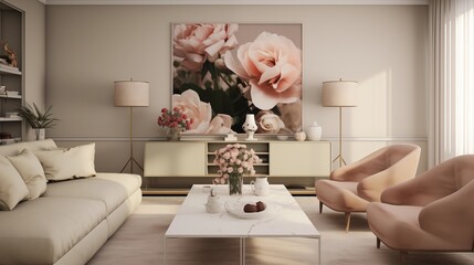 Cream Walls with Dusty Rose and Sage Green Accents in the TV Lounge.