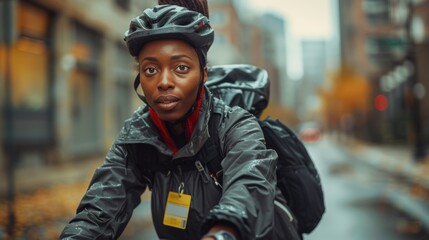 Focused young woman with a helmet, cycling through a city street adorned with autumn leaves, embodying urban lifestyle and fitness.