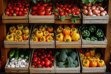 Colorful fruit and vegetable market stall offers fresh produce, including juicy apples, ripe...