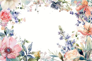 A watercolor painting of a flowery background with a pink flower in the center. Painted watercolor floral border or frame for wedding invitations