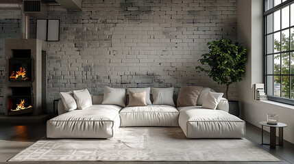 living room interior design in loft style, with white brick walls, white sofa with pillows and modern fireplace