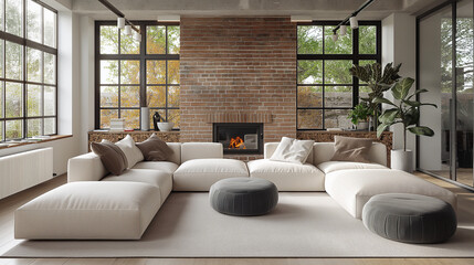 Living room interior design in loft style, with brick walls, white sofa with pillows and modern fireplace
