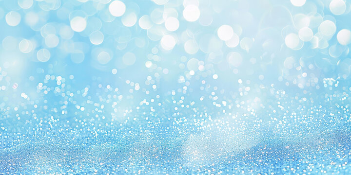 light blue background with white glitter and bokeh, shiny snowflakes falling, sparkling, blurred, shimmering.blue white bokeh blur circle variety Dreamy soft focus wallpaper backdrop,banner