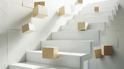 A sequence of packages levitating up a sleek, modern staircase, metaphorically illustrating the steps to success in dropshipping, Minimal, Clean, 3D Render, Photographic Style, Close Up,