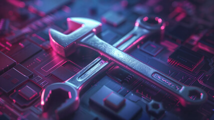 A sleek hammer and wrench crossed over a digital backdrop, representing the tools of trade and industry on Labor Day, Clean, 3D Render, Close Up, - obrazy, fototapety, plakaty