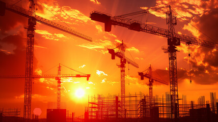 A vibrant sunrise behind a silhouette of cranes and scaffolding, symbolizing hope and progress in the labor movement, Clean, 3D Render, Close Up,