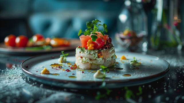Artfully plated avant-garde cuisine, challenging perceptions and inviting curiosity, with copy space, Photographic Style, Close Up,