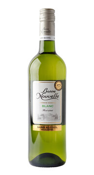 A bottle of non-alcoholic wine Bonne nouvelle, semi-sweet white. Isolated object on transparent background