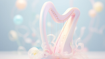 enchanting low poly harp in a 3D pastel world, minimalist backdrop with ample space,