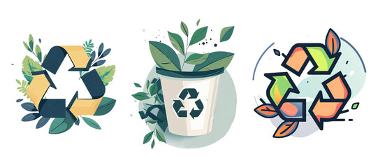 Set of Recycle or Reuse illustrations. Green energy and sustainability concept icons isolated on transparent background