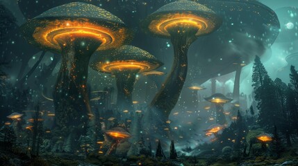 Obraz na płótnie Canvas Huge glowing mushrooms in a futuristic forest