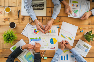 Financial reporting and audit concept. Bills charts statements and business people arrounf the table. High quality photo - obrazy, fototapety, plakaty