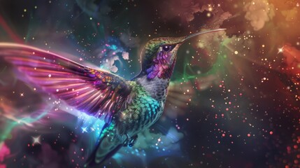 Hummingbird in flight. Colibri bird in cosmic space