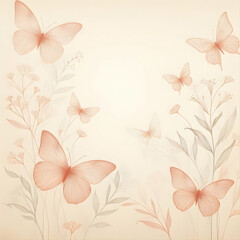 Tło w kolorze brzoskwiniowym, z motywem kwiatowym i  motylami, dekoracja generative ai - obrazy, fototapety, plakaty