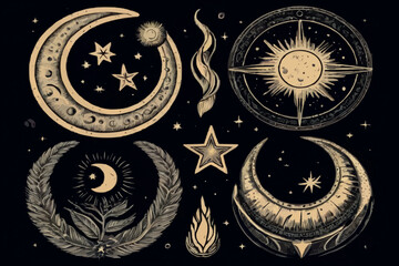 Vector collection of night sky elements. For design of surface, prints, wrapping paper, cards, posters, banners, printing. Theme space, Cosmonautics Day, astronomy, stars, magic, mystic. Celestial set