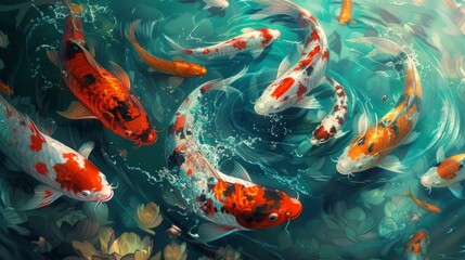 Illustration of koi carps, fish wallpaper, close-up, underwater