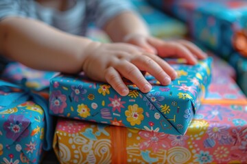 Close-up of a baby's hand gently resting on colorful wrapped gifts, representing holidays and the joy of giving.