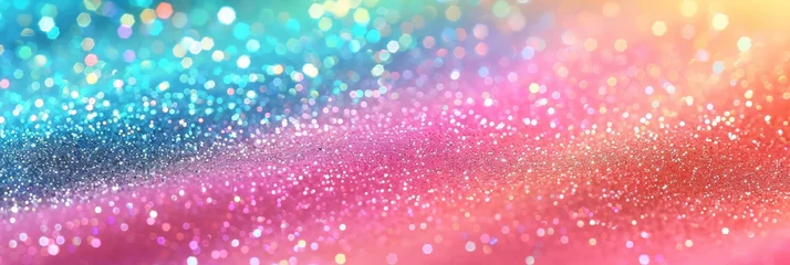 Fotobehang Colorful pastel glitter background with bokeh, pink blue and light green gradient, sparkles, Rainbow glitter, defocused light, stars, birthday, and particles.rainbow mermaid unicorn banner © Planetz