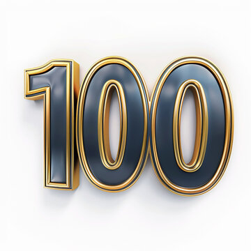 3D render illustration of number 100, dark blue with golden outlines, on white background