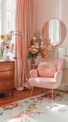 A pink room with a pink chair and a pink pillow. The room is decorated with flowers and has a floral rug