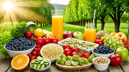 Fresh fruits and vegetables, juice, healthy foods, healthy meals, fresh, healthcare, AI generated
