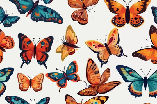Vector pattern with the image of colored butterflies flying small and large on white background in flat style.
