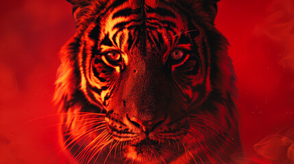 A tiger with a red background. The tiger is looking directly at the camera. The red background gives the image a bold and intense feel
