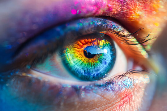 A colorful eye with rainbow colors. The eye is surrounded by a blurry reflection of itself. The eye is the main focus of the image, and the rainbow colors give it a vibrant and lively appearance