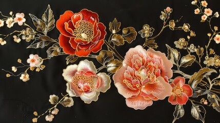 Japanese style goldwork flowers on black background - obrazy, fototapety, plakaty