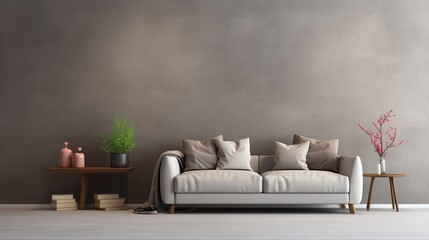 The modern interior of the room with a background wall and a beautiful decor in gray