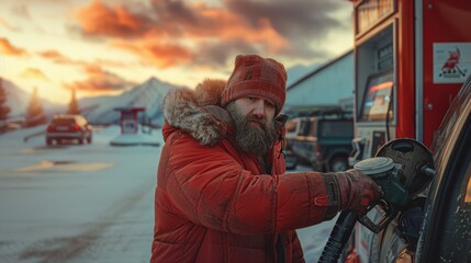A man in a warm winter coat refuels his car at a gas station with a stunning sunset backdrop in a snowy landscape.