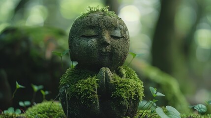 Jizo statue with a calm and gentle expression covered with moss