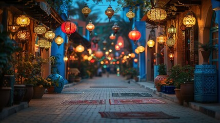 Colorful lanterns adorning Middle Eastern street for Ramadan - obrazy, fototapety, plakaty