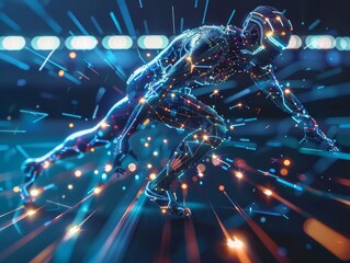 Dynamic image of a futuristic runner with glowing light trails in a high-speed motion concept.