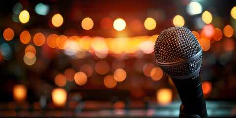 a microphone on stage with a blurred background, representing public speaking or presentation. Web banner with empty space for text - obrazy, fototapety, plakaty