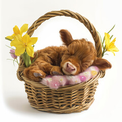 Highland Cow Baby Sleeping in Easter Basket with Daffodils on White Backdrop