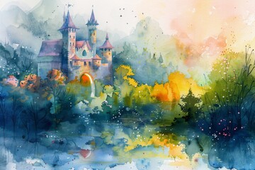 A whimsical watercolor painting of a fairy tale castle nestled in a mystical, colorful landscape.
