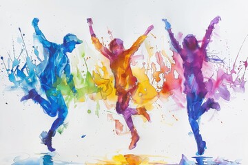 Exuberant silhouettes of people celebrating in splashes of vibrant watercolor on a white background.