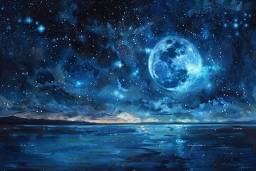 A captivating watercolor depiction of a moon in celestial blue tones, set against a night sky and serene waterscape.