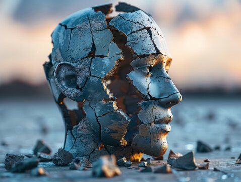 A conceptual cracked human head sculpture with sunset in the background symbolizing mental health or transformation.