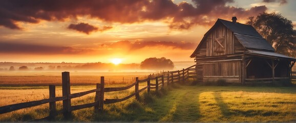 A beautiful sunrise on country side farm with wooden fence and barn house from Generative AI - obrazy, fototapety, plakaty