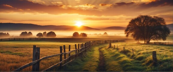 Obraz premium A beautiful sunrise on country side farm with wooden fence and barn house from Generative AI